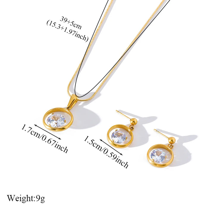 Stainless Steel Sparkling White Zircon Necklace Earrings Set For Women