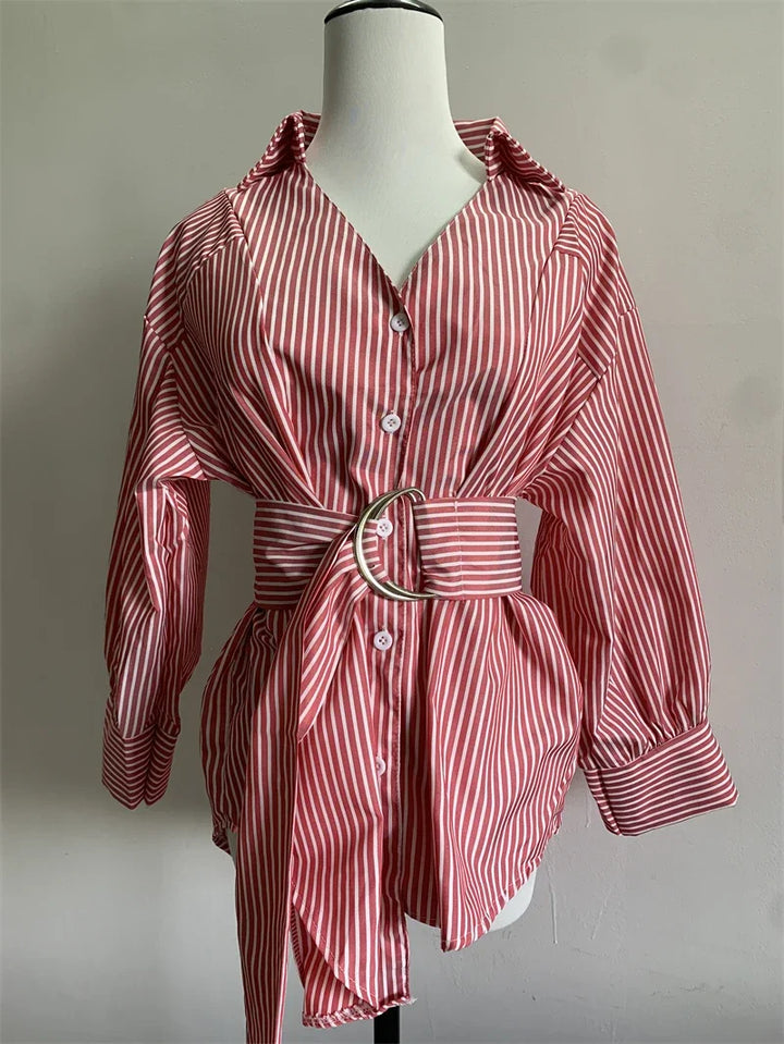 Women Striped Shirt With Belt Casual Tops Long Sleeve Turn-down Collar Button-up Loose Blouse Casual Oversize Streetwear