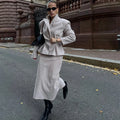 Fashion Women 2 Piece Set Outfit Elegant Pleated High Waist Full Sleeve Coat Long Skirt