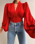 Satin Women's Blouse Red Long Lantern Sleeve Button V-neck Elegant Female Shirt Spring Fashion Vintage Ladies Top