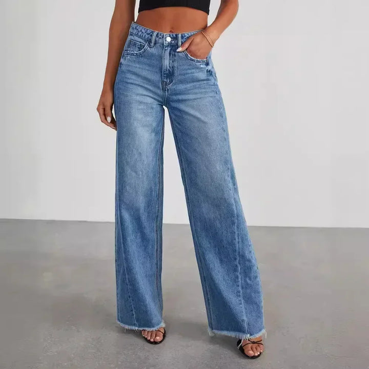 Women's Clothing Loose Wide-Leg Side Seam Stitching Frayed Hem Jeans Denim Pants High Waist Full Length