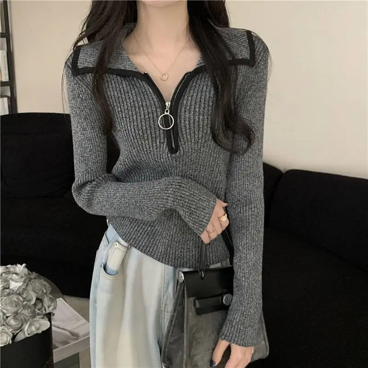 Fashion Zipper Half Height Collar Pullovers Women Clothing Fashionable Skinny Thick Top Tee Women Clothing Sweater