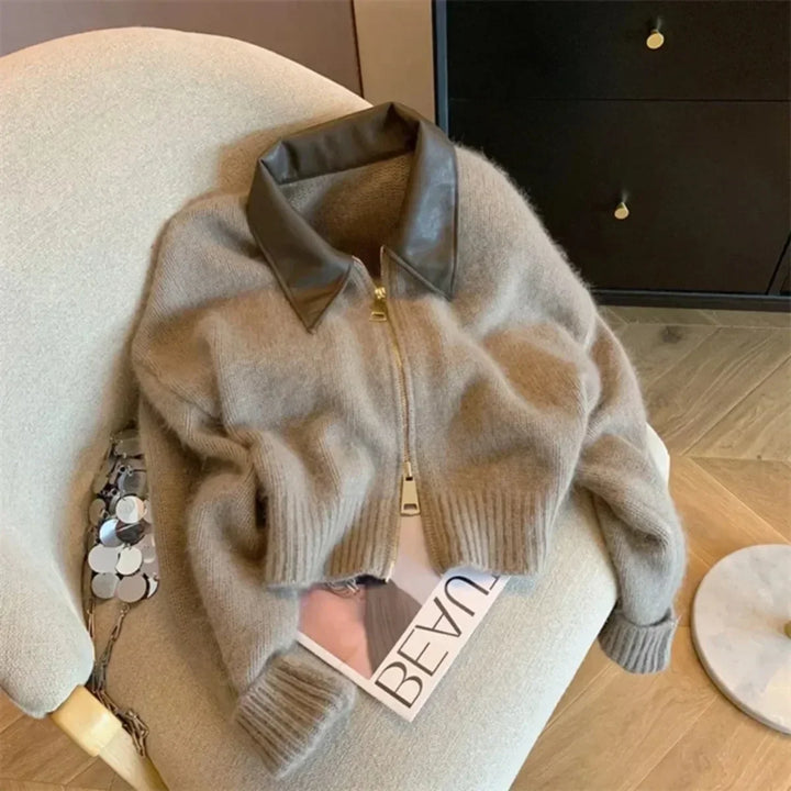 Vintage Brown Y2K Hooded Sweaters Women Lantern Sleeve Zip Up Jacket Knitted Hoodies Cropped Cardigan Top