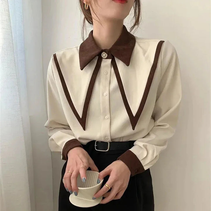 ¨ Vintage Elegant Shirts Women Chiffon Patchwork Ruffle Turn Down Collar Long Sleeve Blouse Korean Office Lady Loose Tops