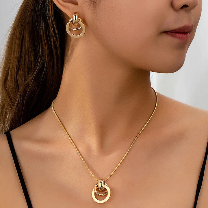 Gold Color Simple Metal Geometry Circle Necklace Earrings Set