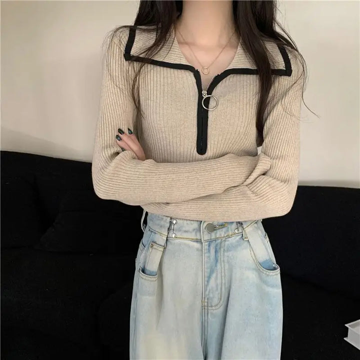 Fashion Zipper Half Height Collar Pullovers Women Clothing Fashionable Skinny Thick Top Tee Women Clothing Sweater