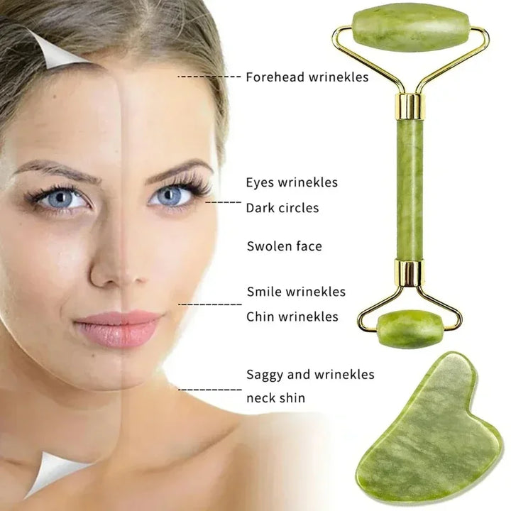 Ensemble de rouleau de jade et de Gua Sha Masseur de visage de qualité spa 100 % pierre authentique Réduit les poches et les rides Révèle les outils de soins de la peau du visage