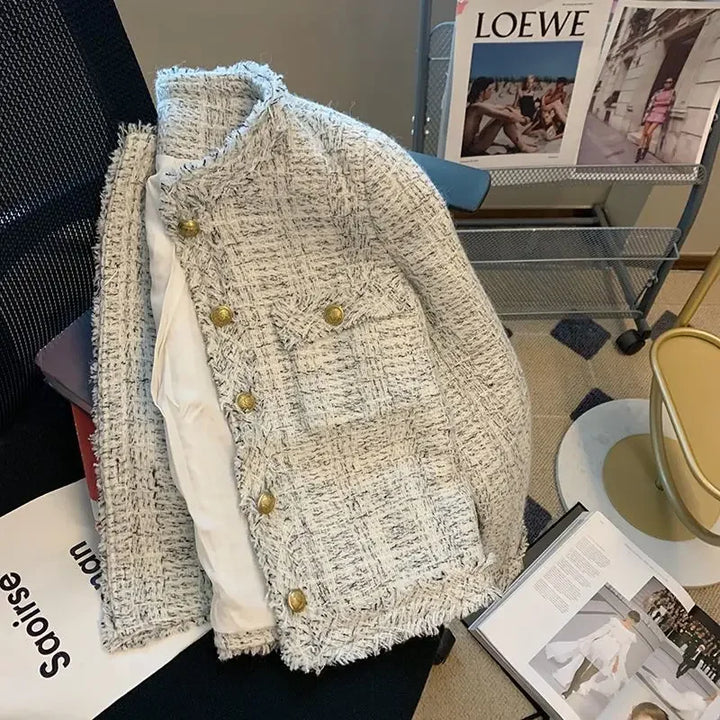 Veste courte élégante de style tweed blanc pour femme