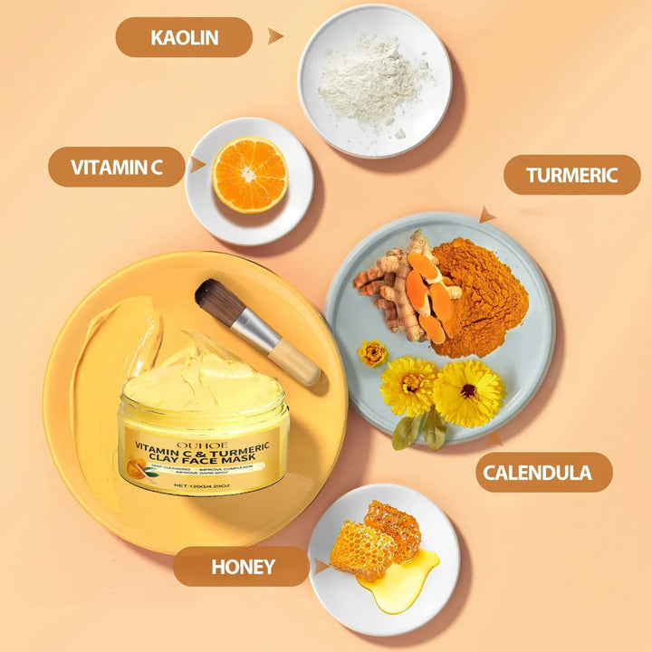 Masque à l'argile et à la vitamine C au curcuma Nettoyant en profondeur pour le visage Améliore les taches brunes Acné Soin hydratant pour la peau Raffermit la peau Unifie le teint