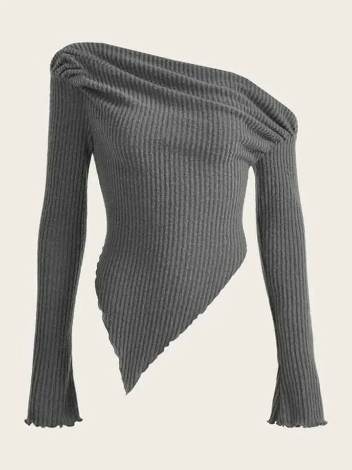 Women Solid Grunge Asymmetrical Neck Rib-knit Tee Strapless Blouse Long Sleeve Casual Sweater Handkerchief