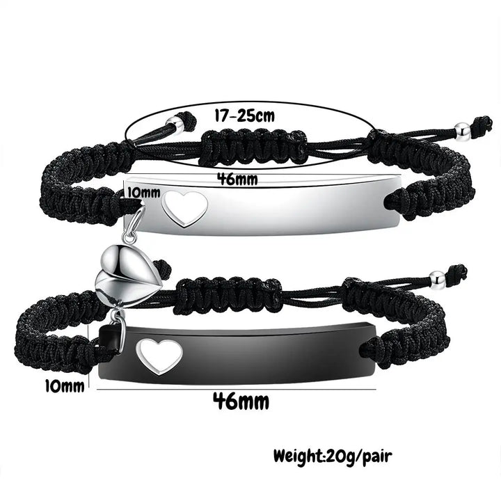 Ensemble de bracelets de couple personnalisés en acier inoxydable tissé noir avec bracelet à aspiration magnétique en forme de cœur pour femmes et hommes, accessoires de bijoux