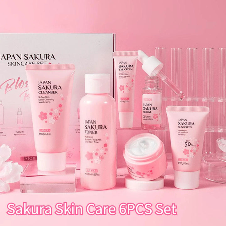 Lot de 6 kits de soins de la peau Sakura, crème pour le visage, sérum, tonique, nettoyant pour le visage, crème solaire, crème pour les yeux, coffret cadeau