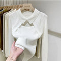 Women Clothing Fashion Polo Collar Hollow Out Knit Pullover Elegant Solid Patchwork Sweater