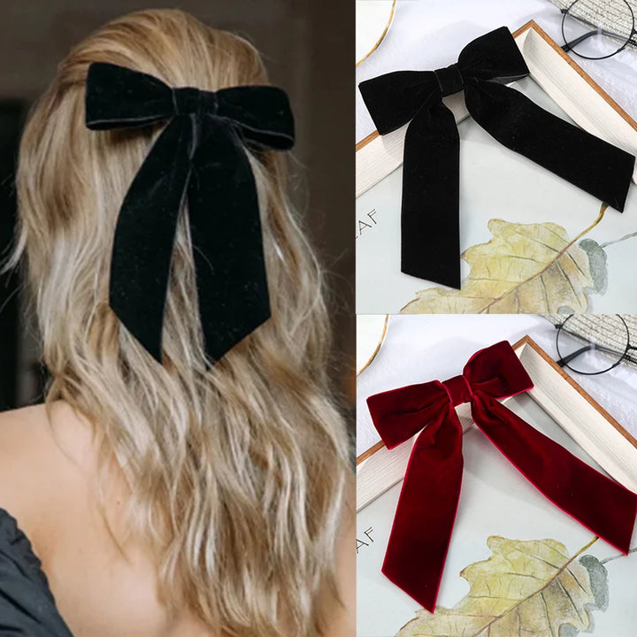 Barrettes en velours avec nœud pour femmes, épingle à cheveux pour queue de cheval, pince à cheveux, ruban noir et rouge, accessoires pour cheveux à la mode