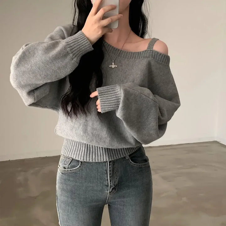 Chic Off-The-Shoulder Tankbatwing Sleeve Knitted Top Sweater Polo Collar Sleeveless Knitted Pullover