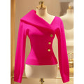 Temperament Elegant Niche Slim Fit Solid Color Knitted Women's Asymmetrical Lapel Sweater Pullover