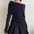 Off Shoulder Women Sweaters Elegant Vintage Knitted Solid Jumper High Stretch Top Soft Chic Pullovers