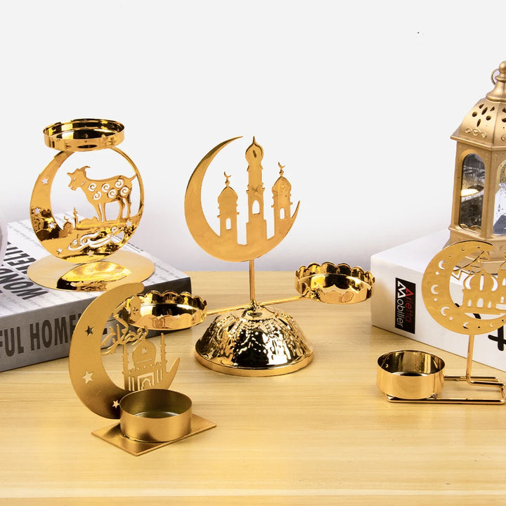 Gold Metal Ramadan Moon Shape Candle Holder Eid Mubarak Candlestick Base Dining Table Ornament Islamic Muslim Party Home Decor