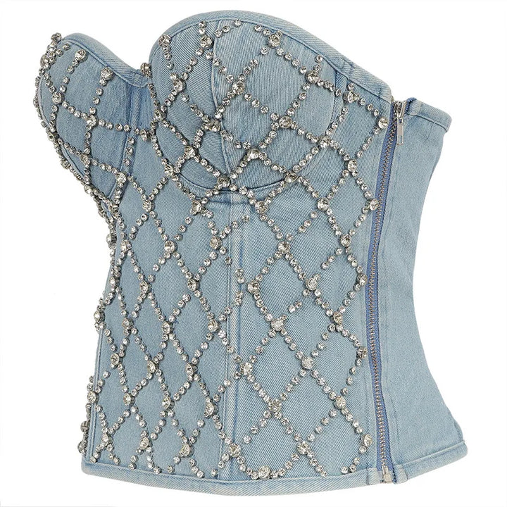 Crop Top Diamant Denim Gilet Bustier Sans Bretelles