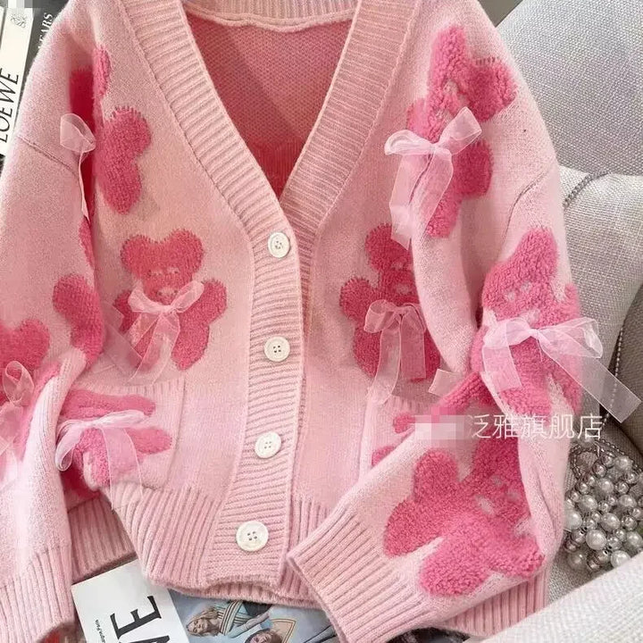 Pink Bow Bear Women Sweaters Fashion Sweet Pull Femme Kawaii Loose Warm Retro Pullovers