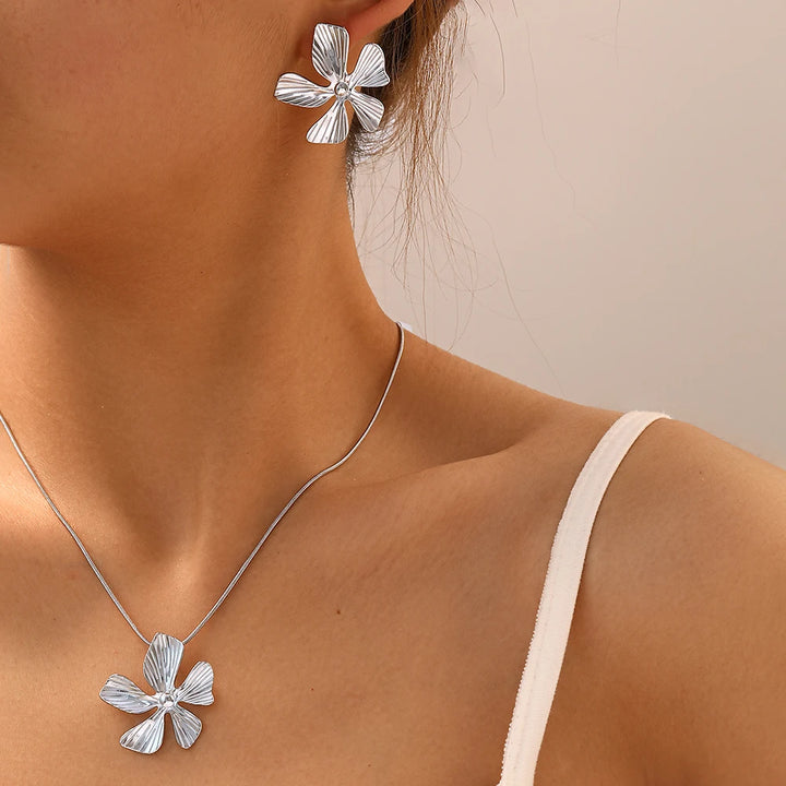 Stainless Steel Pendant Flower Necklace Earrings Set