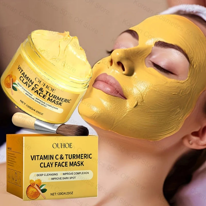 Masque à l'argile et à la vitamine C au curcuma Nettoyant en profondeur pour le visage Améliore les taches brunes Acné Soin hydratant pour la peau Raffermit la peau Unifie le teint