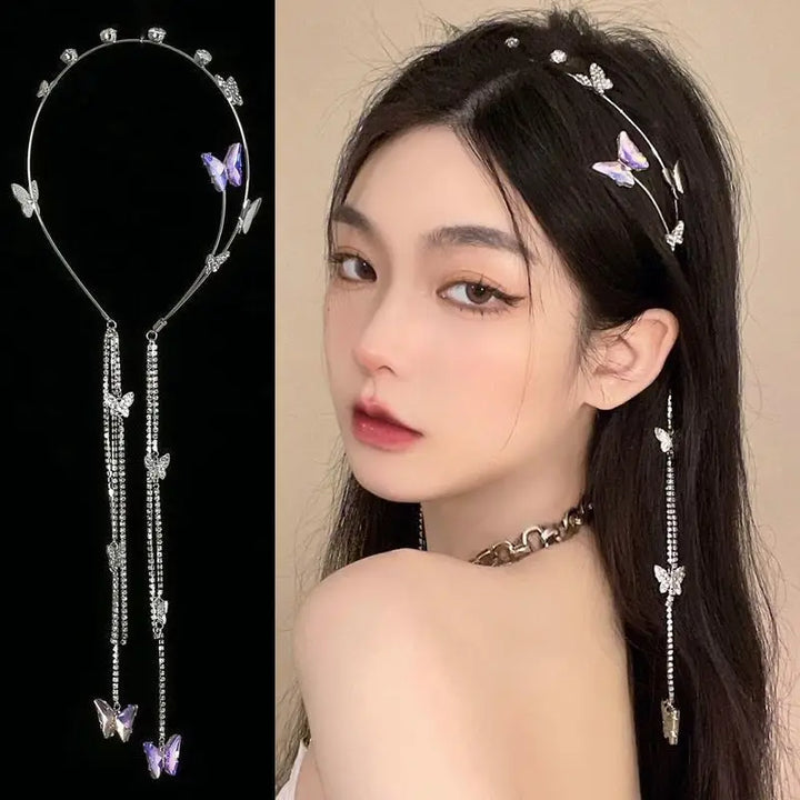 Rhinestone Headband Hair Accessories Women Butterfly Crystal Pearl Tassel