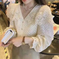 French style retro style Women Chiffon Button Shirt Chic Elegant Floral Lace Fluffy Long Sleeve Top Hollow Blouse