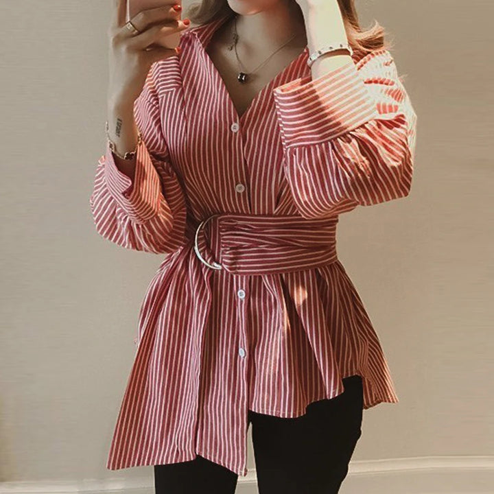 Women Striped Shirt With Belt Casual Tops Long Sleeve Turn-down Collar Button-up Loose Blouse Casual Oversize Streetwear