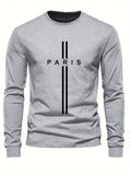 T-shirt imprimé lettre PARIS pour homme, décontracté, simple et confortable, col rond, manches longues, sport, hauts pour hommes