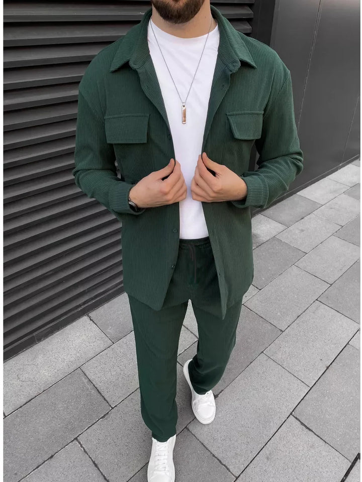 Men's simple new front double pocket long sleeve two-piece casual sports solid color striped fashion comfortab