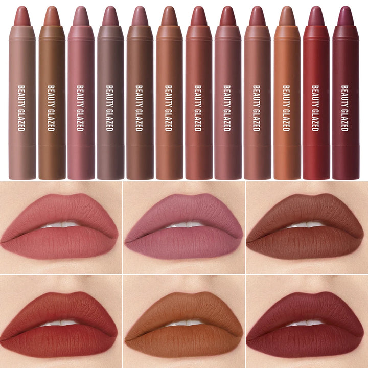 Beauty Glazed Matte Lipstick Pencil Waterproof Long Lasting Lip Balm 12 Colors Velvet Lip Liner Pen Lips Makeup Women Cosmetics