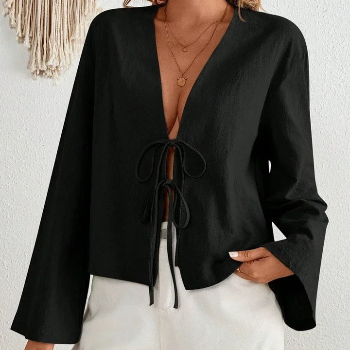 Tie Front Tops For Women Deep V Neck Elegant Long Sleeve Solid Blouse Tie Front Top Femlae Stylish Spring Fall Clothing