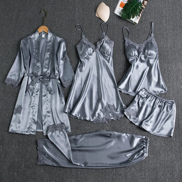 5pcs/Set Silk Robe Sleep Suit Women Home Nightwear Summer Nightdress