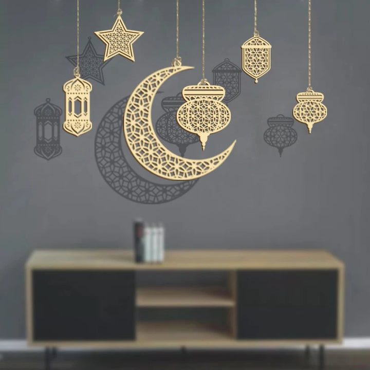 Lot de 3 décorations en bois creuses à suspendre en forme de lune pour l'Aïd Moubarak, en mousseline islamique, pour la maison, pour le Ramadan Kareem, 2025