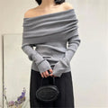 Off Shoulder Women Sweaters Elegant Vintage Knitted Solid Jumper High Stretch Top Soft Chic Pullovers