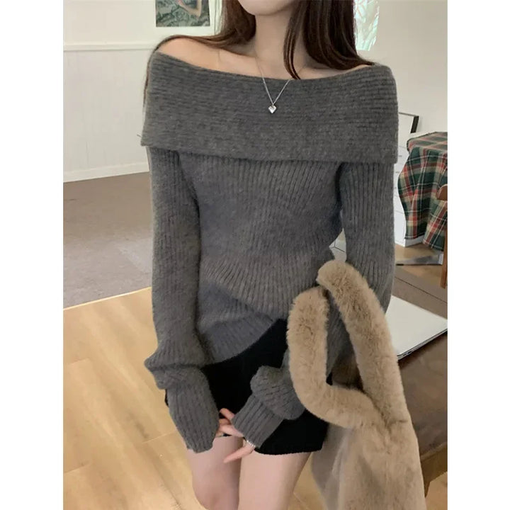 Sexywhite Elegant Off-The-Shoulder Knitted Sweater Base Layer Top For Women Slimming Inner Wear Outer Wear Chinese Landscape Pat