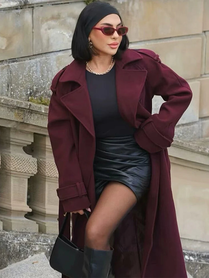 Long Coat With Belt Double Breasted Dark Red