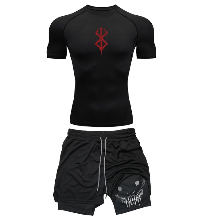 Men Quick Dry Manga Compression Shirt+Gym Shorts 2PCS Running Workou