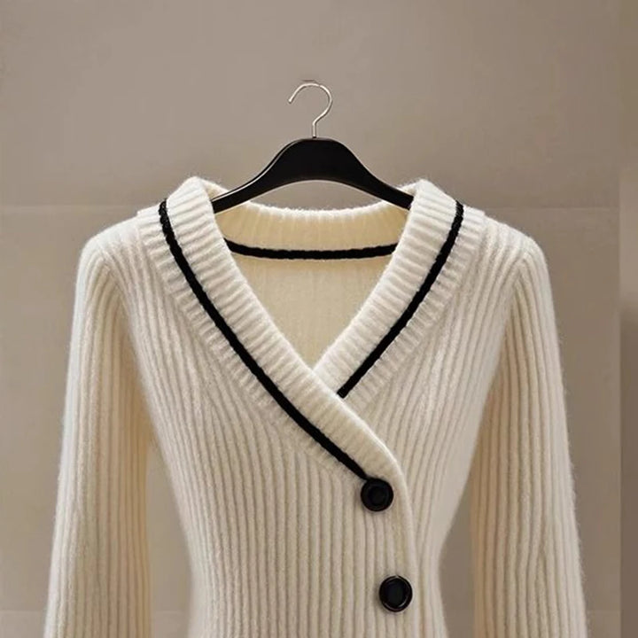 V-neck Knitting Cardigan Coat Women Autumn Winter Elegant Temperament Slim Sweater Fashion Office Lady Solid Color Knitwear Tops