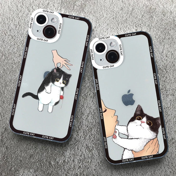 Funny Cute Cartoon Cat Phone Case For iPhone 16 15 14 13 12 11 Pro Max Mini XS X XR SE2020 7 8 Plus Transparent Clear Soft Cover