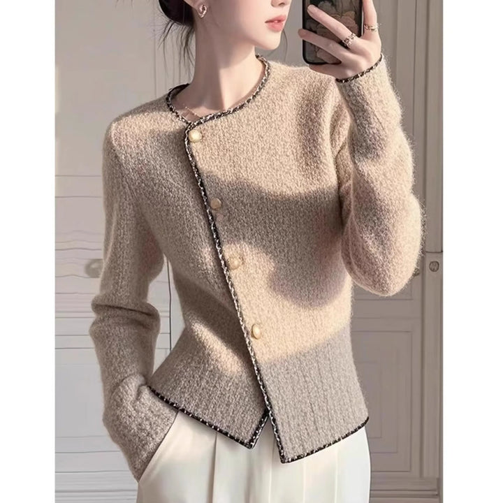 Cardigan tricoté épais et chaud pour femme, vêtement élégant en laine fine à col rond, pull doux