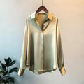 Women Shirt Silky Satin Turn-down Collar Single-breasted Loose Blouse Soft Long Sleeve Formal Business OL Commute Top