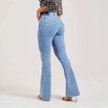 Pantalon évasé en jean pour femme, coupe ample, coupe bootcut, poches, style streetwear, légèrement extensible, couleur unie, pleine longueur