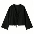 Tie Front Tops For Women Deep V Neck Elegant Long Sleeve Solid Blouse Tie Front Top Femlae Stylish Spring Fall Clothing