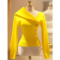 Temperament Elegant Niche Slim Fit Solid Color Knitted Women's Asymmetrical Lapel Sweater Pullover