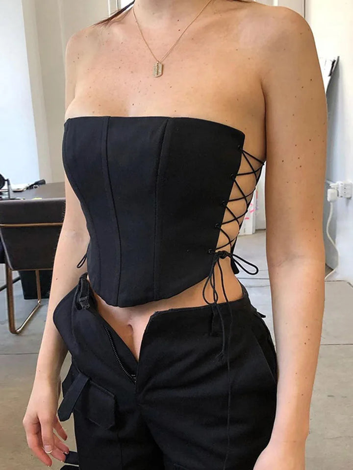 Off Shoulder Strapless Lace Up Sexy Bustier Corset Crop Tops for Women Black Sleeveless Vest Top Cropped Feminino