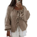 Women s Fall Tie Front Sweater Solid Color V-Neck Long Sleeve Loose Knitwear Cardigan