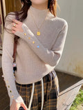 Sweater Women  Pullovers Long Sleeve Tops Clothes Slim Knit Soft Jumper Streetwear Button Turtleneck Sweater