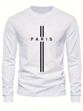 T-shirt imprimé lettre PARIS pour homme, décontracté, simple et confortable, col rond, manches longues, sport, hauts pour hommes